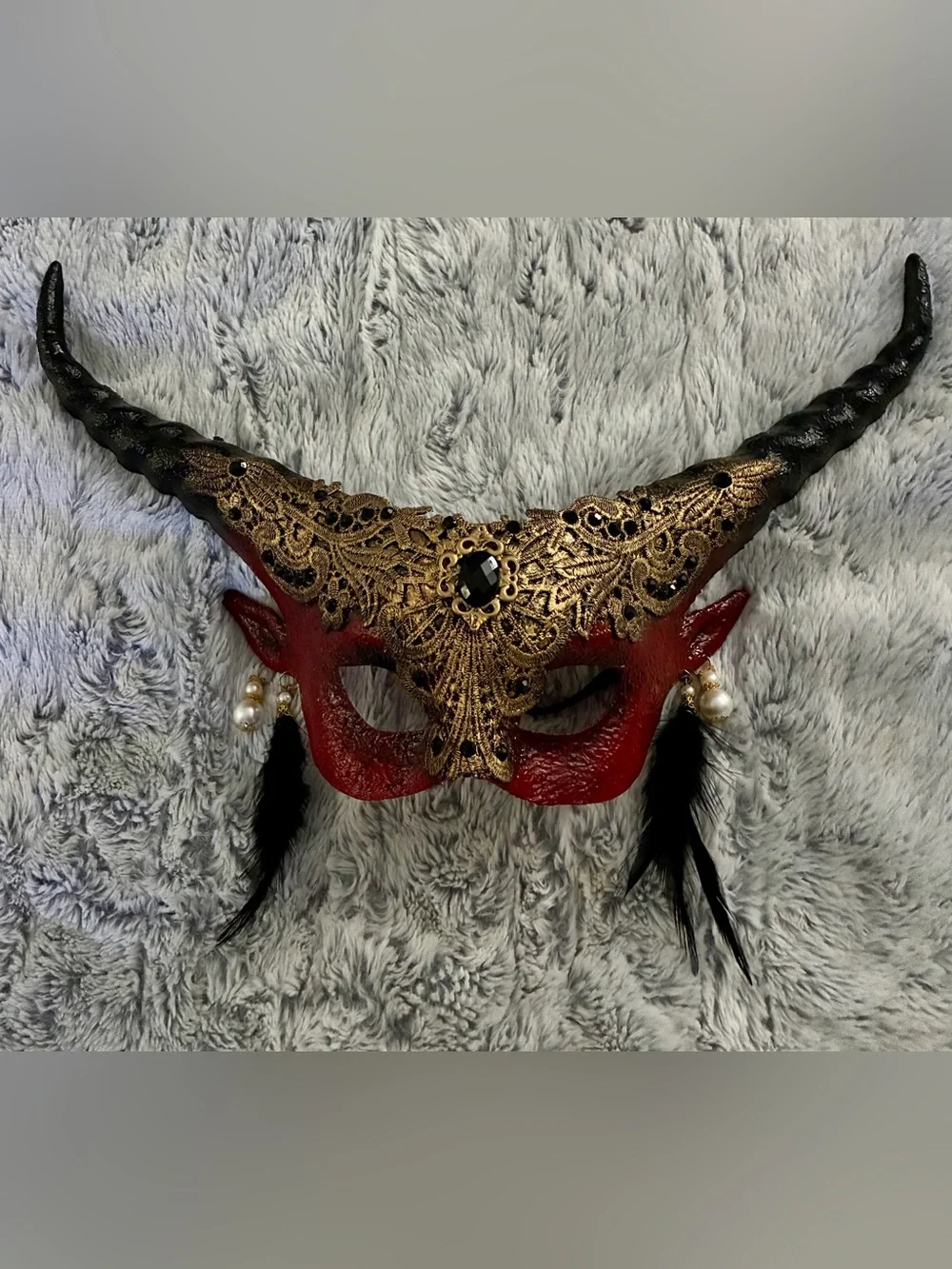 Jeweled Inferno Horned Masquerade Mask Red Black Gold Feather Cosplay Halloween